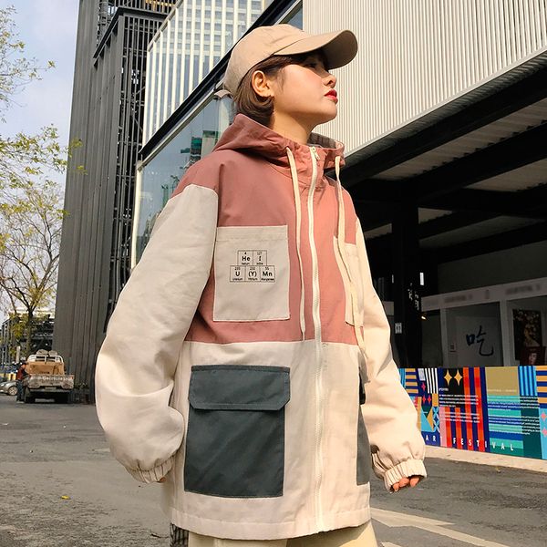 

harajuku oversized jacket women 2019 autumn outwear college style patchwork coat hip hop streetwear loose hooded jackets, Black;brown