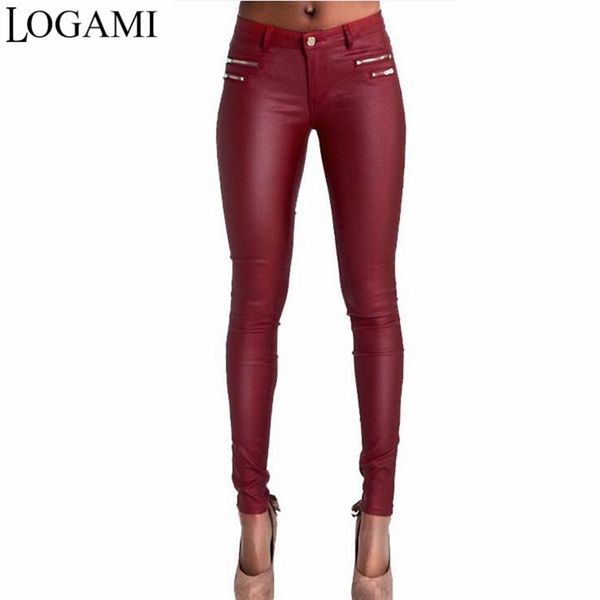 

logami faux leather pants women skinny low waist slim pu leather trousers wine red pantalon en cuir femmes, Black;white