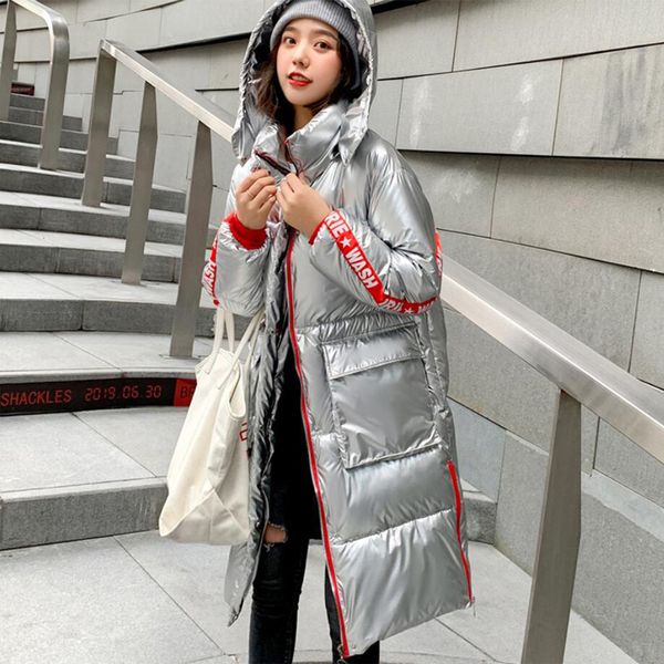 

2019 fashion women winter jacket hooded down cotton padded parkas long coat female sliver glossy thick warm snow overcoat s353, Black