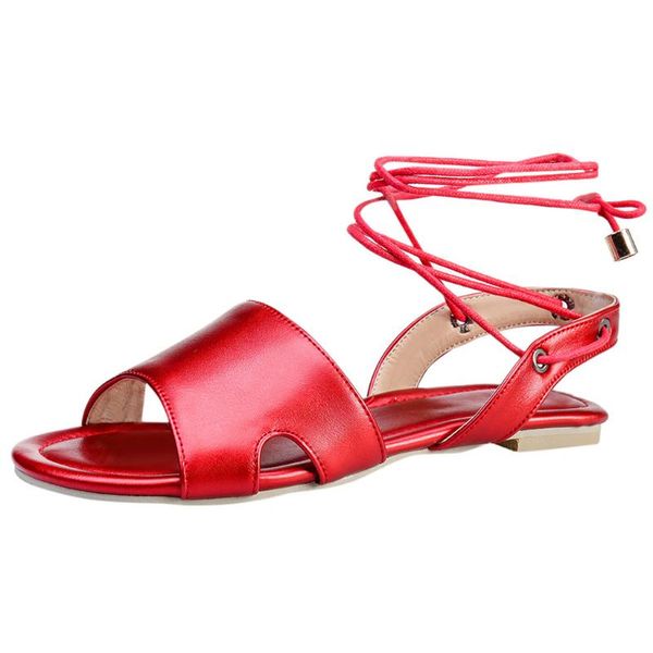 

women's pearl leather pu ankle strap large size women flat sandals open toe casual sandals fish mouth cross strap, Black