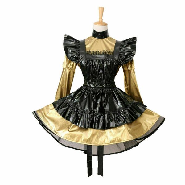 

sissy girl maid golden pvc dress uniform costume crossdress, Black;red