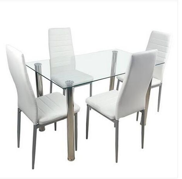 

fashion wholesales 110cm dining table set tempered glass dining table with 4pcs chairs transparent