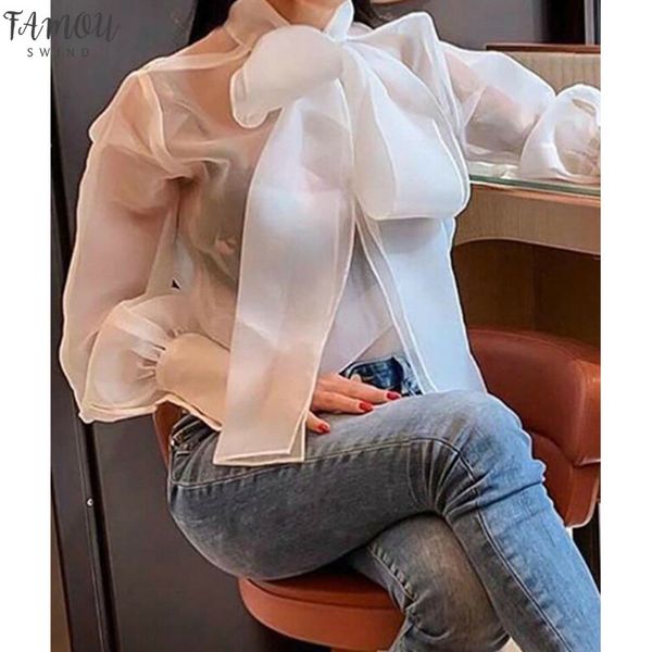 

women blouses 2020 autumn see through sheer mesh puff long sleeve shirt v neck tee shirts white bloust bow collar