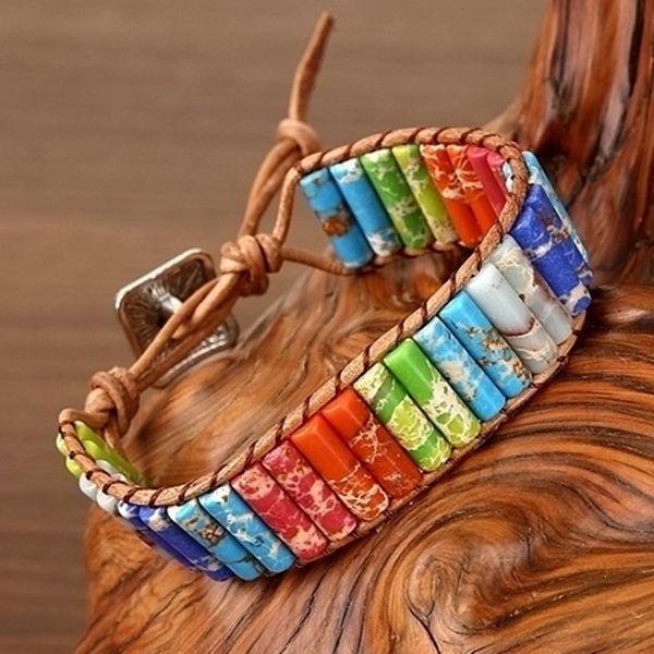 

diezi drop shipping natural tube beads stone bracelet leather wrap jewelry bangle for women men handmade 7 chakra bracelet, Golden;silver