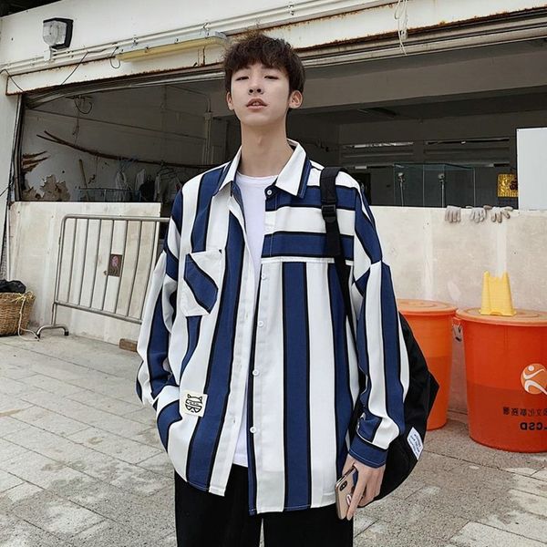 

zogaa 2019 men's striped shirt japanese korean fashion cardigan casual shirt plus fat large size men's long sleeve blouse, White;black