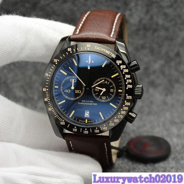 

44mm quartz chronograph date mens watches yellow number markers brown leather band fixed bezel with a ring showing tachymeter markings, Slivery;brown