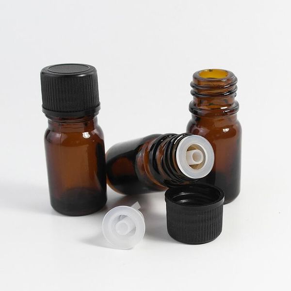 Fiale per campioni in vetro ambrato spesso da 5 ml con tappo nero riduttore dell'orifizio per oli essenziali di aromaterapia LX1229