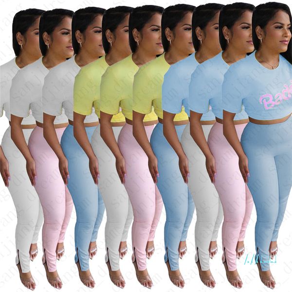 

women tracksuit baddie letters t shirt zipper pants candy color two piece set short sleeves outfits casual sport suit d5706, White