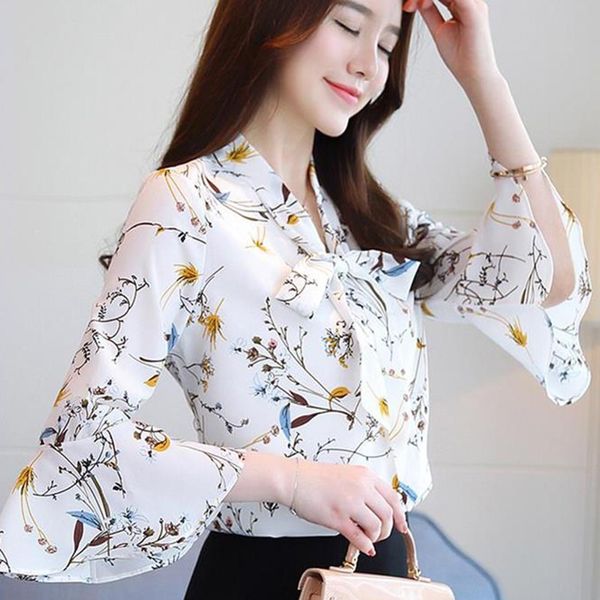 

summer floral print shirt women chiffon blouses female long sleeve blusas, White