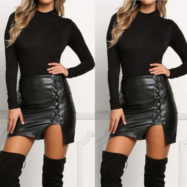 

womens high waist black faux leather tight zip stretch mini-skirt dress