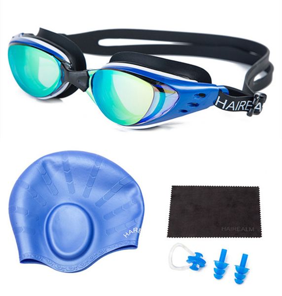 

swimming goggles+swimming cap+nose clip and ear plugs+dry clothmyopia anti-fog for diopter prescrip swimming glasses set