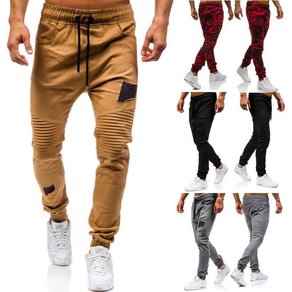 

men sweatpants casual pants slim fit drawstring sweatpants slacks elastic waist patchwork pleated on knee male trousers joggers, Black