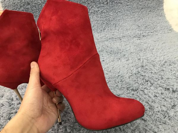

women stiletto thin iron high heel mid-calf boots round toe red suede fashion evening party ball lady half boots 3845bt-c, Black
