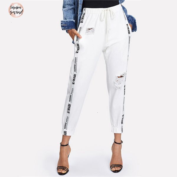 

лента письмо рваных джинсов кулиска denim лето осень женщина beige mid саржа повседневный талия regular женских длинные брюки, Blue