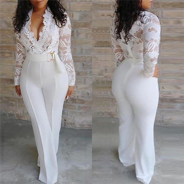 

women white lace jumpsuit hollow out v neck long sleeve clothes straight pants famale jumpsuit, Black;white
