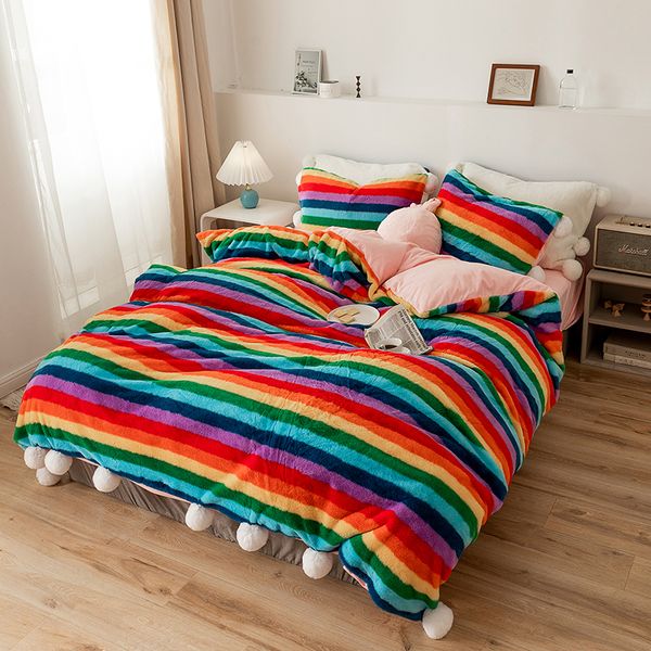 

rainbow iridescent seven color winter warm flannel velvet fleece princess girl bedding set duvet cover bed sheet pillowcases