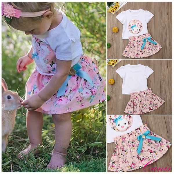 

cute easter infant baby girl bunny floral t-shirt bowknot skirt dress outfits clothes 2pcs set 6m-4y, Pink;blue