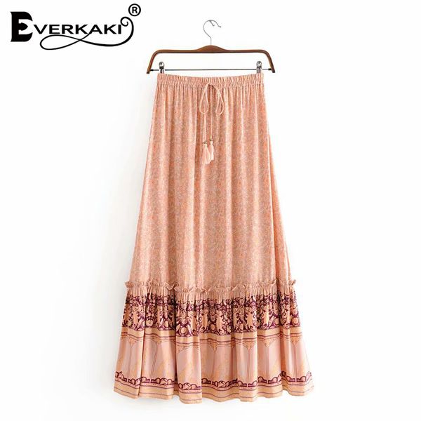 

skirts everkaki boho floral print vintage long women elastic sashes gypsy ladies skirt bottoms female 2021 spring summer, Black