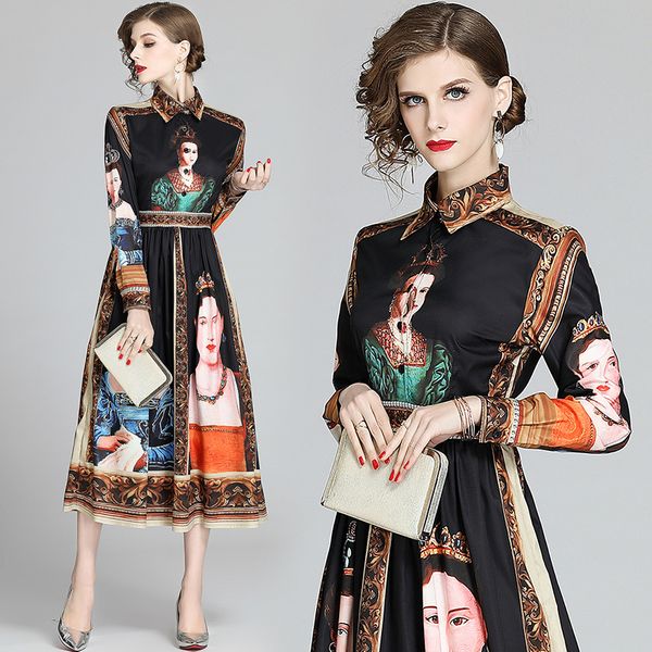 

luxury vintage button shirt dresses women party prom long sleeve lapel neck ladies runway dress casual elegant print office designer dress, Black;pink