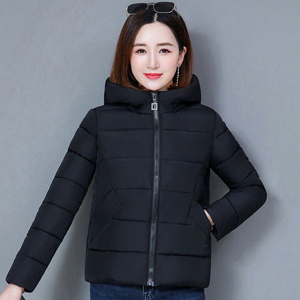 

women cotton jacket winter hooded long-sleeved coat cotton solid color short light down top, Black