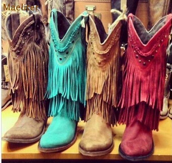 

high end women mid-calf fringe boots low chunky heel tassel motorcycle boots studded stylish fall winter, Black