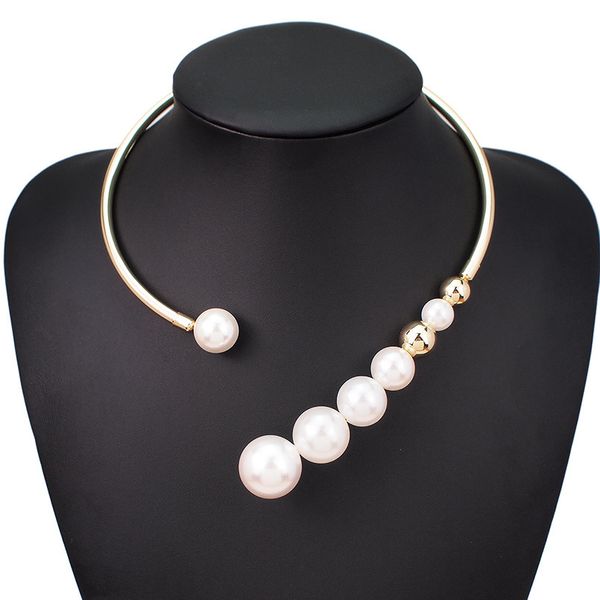

simulated pearl torques choker necklace for women fashion metal statement bib collar necklace accessories jewelry ukmoc, Silver