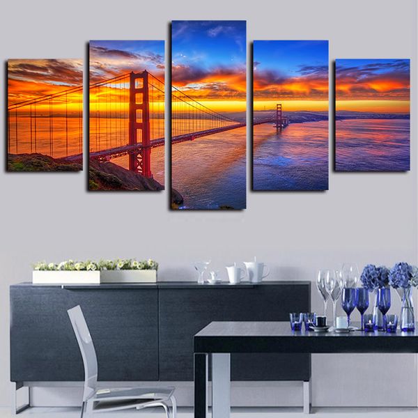 

5 panels golden gate bridge sunset landscape artworks giclee canvas wall art abstract poster canvas print oil painting picture wall decor