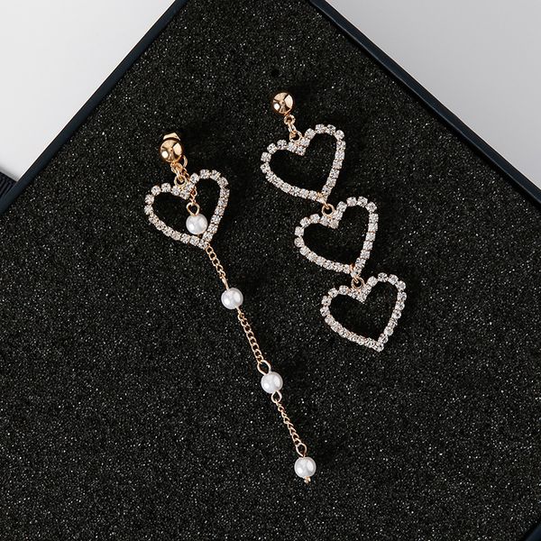 

new korean charm pearl tassel crystal love heart earrings for women fashion asymmetric drop earring luxury jewelry, Silver