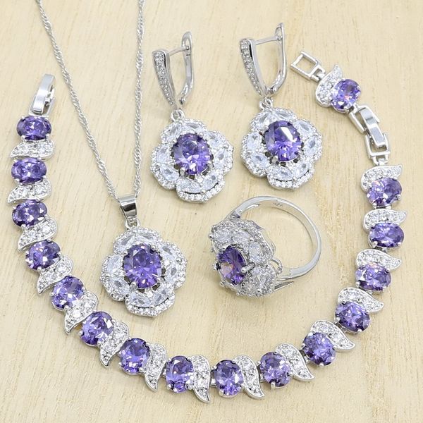 

bride wedding jewelry sets for women purple cubic zirconia silver color earrings/pendant/necklace/ring/bracelet christmas gift