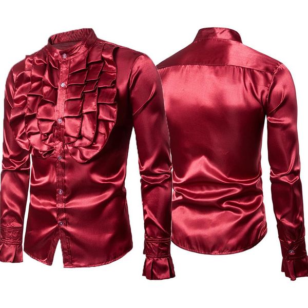 

2020 new men autumn solid color stand collar jabot big flower long sleeve shirt party costume beautiful host costume, White;black