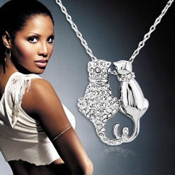 

кошка кулон ожерелье любители роскошных ювелирных изделий подарки ко дню святого валентина двойная пара кошачьих ожерелий ожерелья животных, Silver