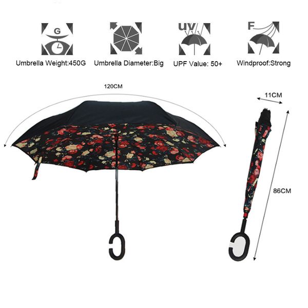 

windproof reverse folding double layer inverted rain umbrella self stand rain protection c-hook hands for car