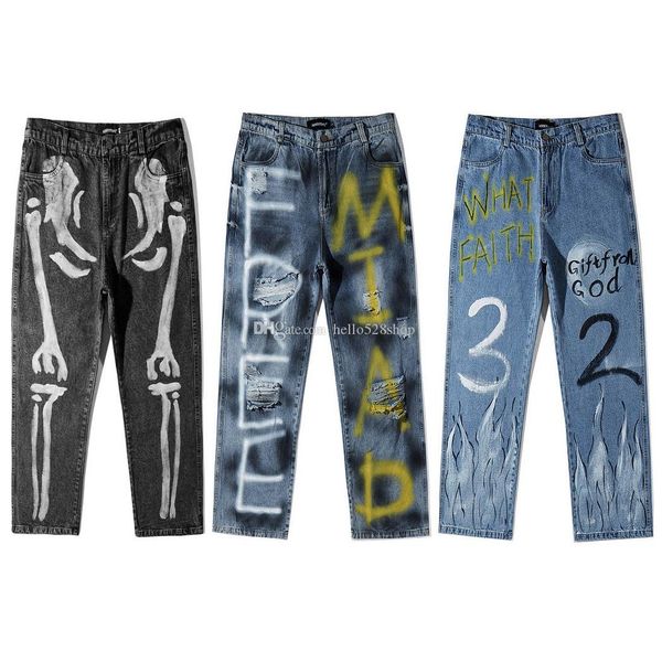 

dark spray paint череп граффити печати hip hop джинсы штаны trend свободные прямые брюки для мужчин повседневный -xl, Blue