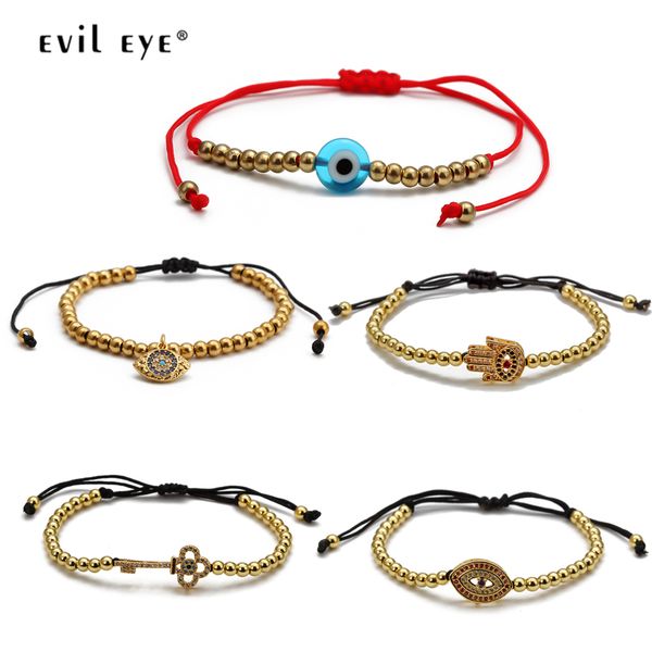 

evil eye hamsa hand key braided bracelet rose gold silver color beads turkish eye bracelet adjustable jewelry for women female, Golden;silver