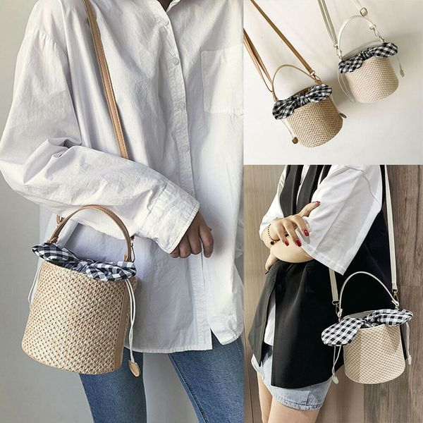 

2019 women handbag rattan straw woven tote shoulder bag girls summer plaid beach satchel purse bucket