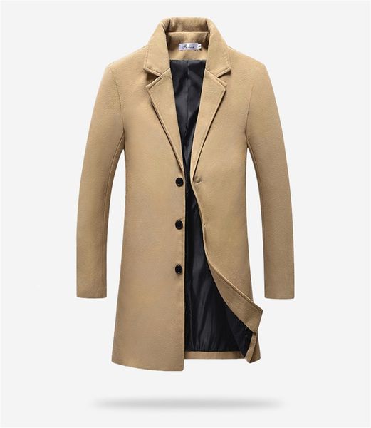 

winter long men blends casual slim lapel neck man coats solid color long sleeve homme outerwears, Black