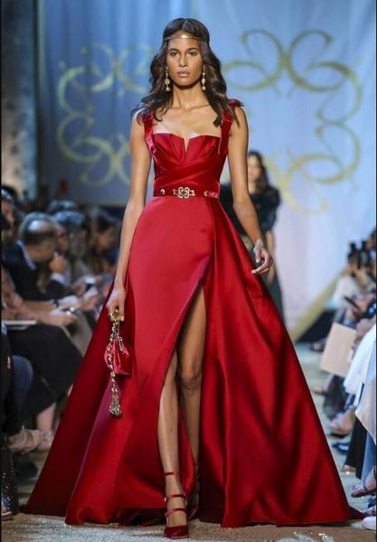 Elie Saab Haute Couture escuro Vermelho Vestidos de Noite Cintas de Espaguete A Linha Lado Dividir Prom Vestido Formal Vestidos de Festa Ocasião Especial vestido