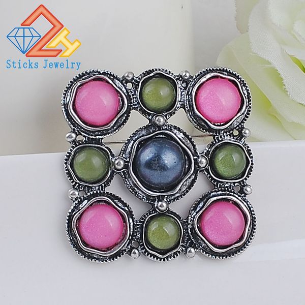 

vintage brooch retro fashion gold alloy colorful resin flower shape women's brooch exquisite brooch for ladies dress, Gray
