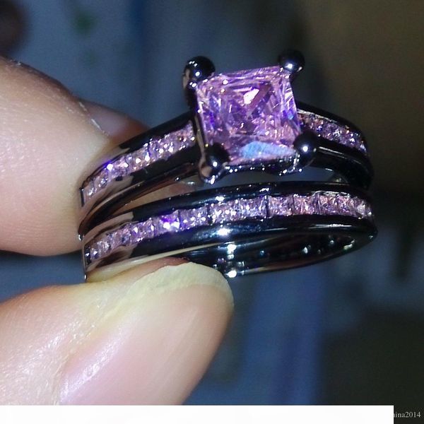 

size 5-10 retro jewelry 10kt black gold filled pink sapphire gem women wedding simulated diamond wedding ring set gift, Silver