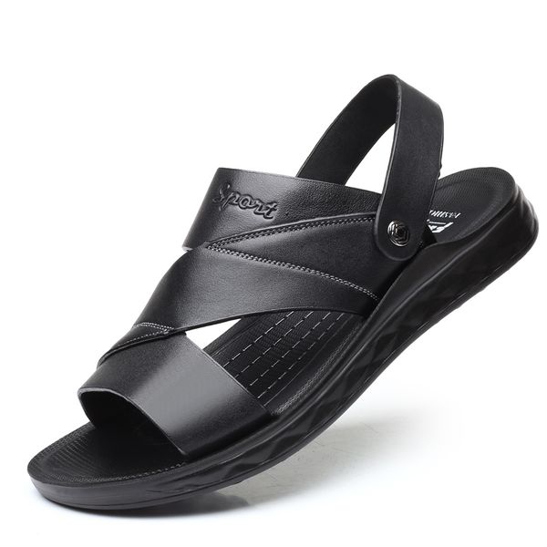 

2019 summer new men's genuine leather sandals head leather anti-slip shoes man two styles wearing leisure sandals, Black