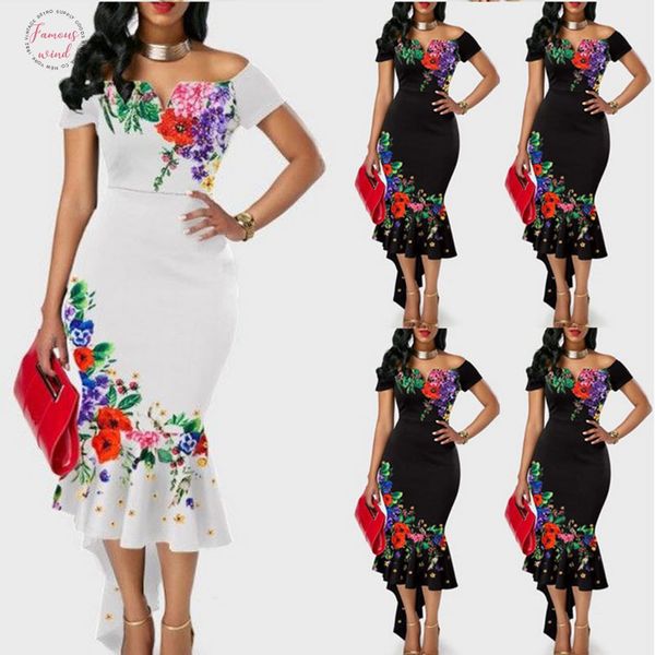 

женские летние рыбий хвост bodycon с плеча длинное платье цветочные невесты партии печати платье sexy slin высокая талия с плеча платье, Black;gray