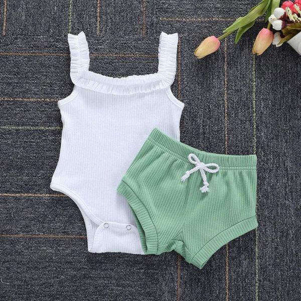 

2pcs infant baby girls clothes summer knitted outfits button halter romper ruffle shorts jumpsuit romper off-shoulder outfits, White