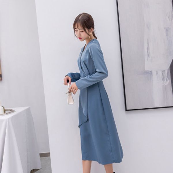 

2018 new brand women dresses asymmetrical folded long skirt deep v-neck halter long sleeve dress size s to l-pha, Black;gray