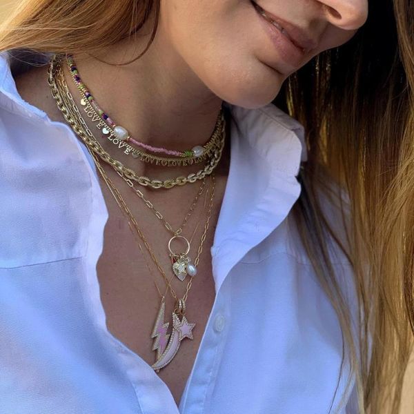 

pink lighting pendant necklace trendy women long open link chain rock fashion necklace jewelry, Silver