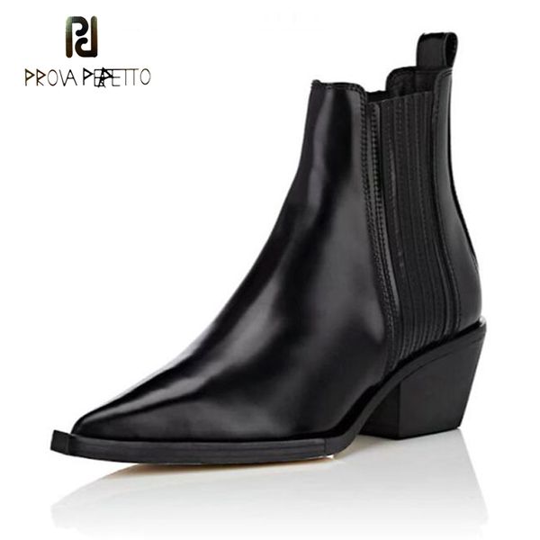 

prova perfetto fashion concise women ankle boots chunky high heel slip on pumps genuine leather black white boots females