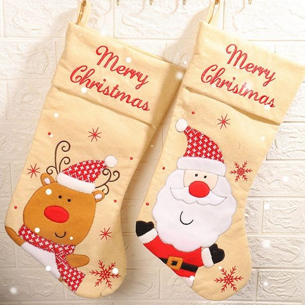 

christmas paleyellow stockings socks with snowman santa elk penguin printing xmas candy gift bag fireplace xmas tree decoration christmas de