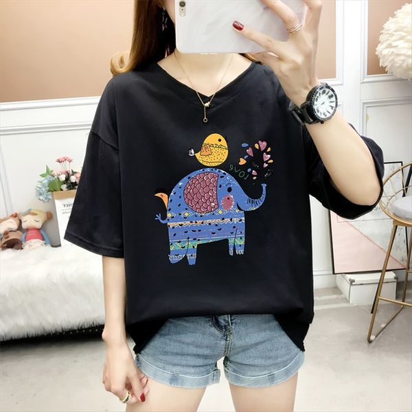 

women's large size round t-shirt collar short sleeve t-shirt women's loose harajuku style printing all-match top, White