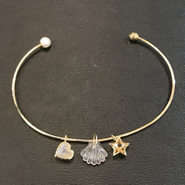 

japanese luxury sterling silver s925 electroplated gold-plated open bracelet stars shell lovely pendant natural crystal bracelet, Golden;silver