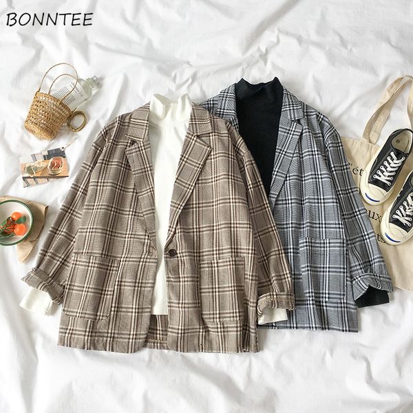 

blazers women korean version plaid female loose elegant all-match students retro womens 2019 soft outside leisure single button, White;black