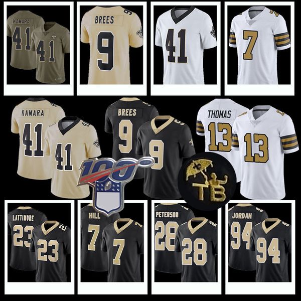 

9 drew brees 41 alvin kamara 94 cameron 7 taysom hill 13 michael thomas 23 marshon lattimore 28 adrian peterson football jerseys, Black;red